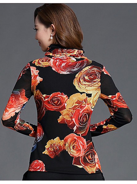 Spring/Fall Women's Casual/Daily Tops Turtleneck Long Sleeve Fashion Floral Printing Gauze Blouse Shirt