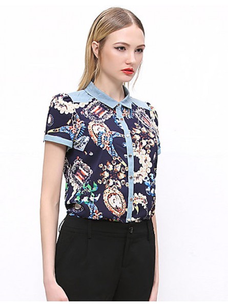 Women's Going out Vintage Summer ShirtPrint Shirt Collar Short Sleeve Blue / Green Cotton / Polyester Opaque