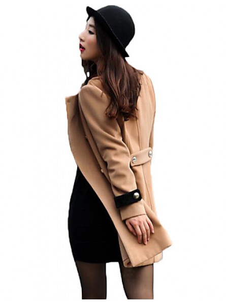 Women's Going out Street chic Coat,Color Block Round Neck Long Sleeve Winter Black / Brown Polyester Thick