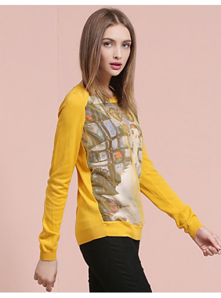 Women's Going out Street chic Spring / Fall T-shirtPrint Round Neck Long Sleeve White / Yellow Cotton