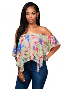 Women's Multicolor Print Off Shoulder Apricot Crop Top