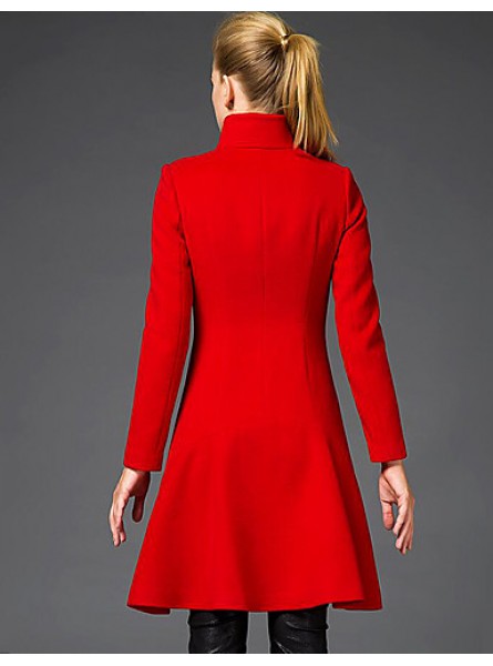 Women's Going out Sophisticated Coat,Solid Stand Long Sleeve Winter Red / Black Wool Medium