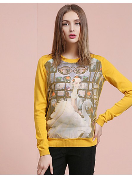 Women's Going out Street chic Spring / Fall T-shirtPrint Round Neck Long Sleeve White / Yellow Cotton