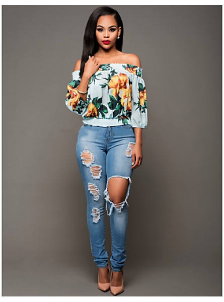 Women's Sexy Simple Boat Neck Off Shoulder Floral Print Summer Blouse