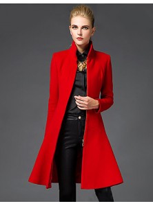 Women's Going out Sophisticated Coat,Solid Stand Long Sleeve Winter Red / Black Wool Medium