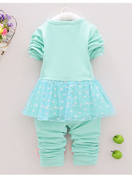 Girl's Cotton Spring/Autumn Casual Bowknot Cartoon Patchwork Long Sleeve T Shirt And Pants Two-piece Set  