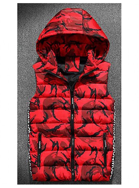 Men's Regular Padded Coat,Simple Casual/Daily Camouflage-Polyester Cotton Sleeveless Hooded Red / Gray / Green