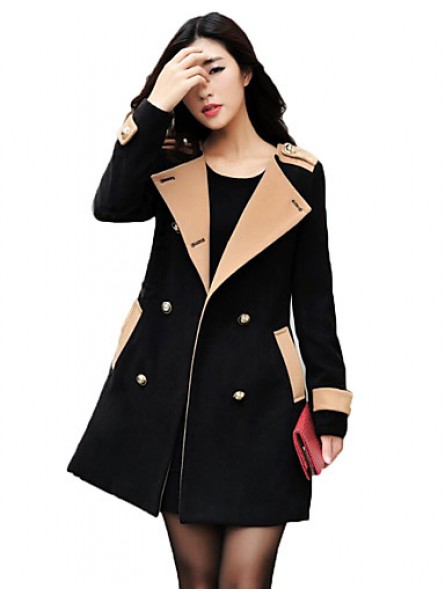 Women's Going out Street chic Coat,Color Block Round Neck Long Sleeve Winter Black / Brown Polyester Thick