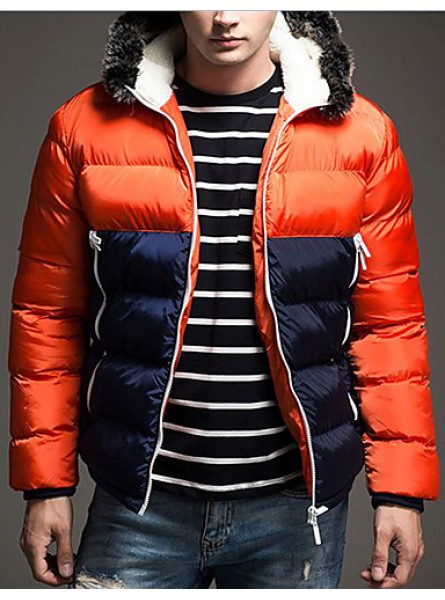 Men's Regular Padded Coat,Polyester / Nylon Patchwork Long Sleeve