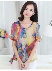 Women's Casual/Daily Sexy Summer / Fall Blouse,Print Round Neck Short Sleeve Blue Polyester Medium