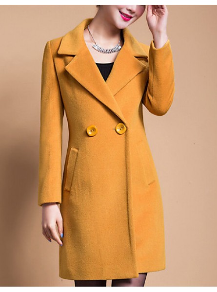 Women's Plus Size Coat,Solid Shirt Collar Long Sleeve Winter Blue / Black / Yellow Wool / Others Thick