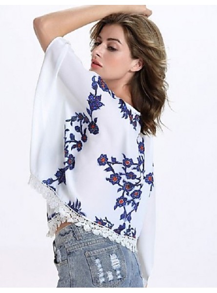 Women's Causal Loose Print Round Neck Lace Big Sleeve Blouse