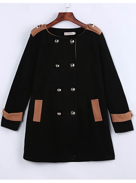 Women's Going out Street chic Coat,Color Block Round Neck Long Sleeve Winter Black / Brown Polyester Thick